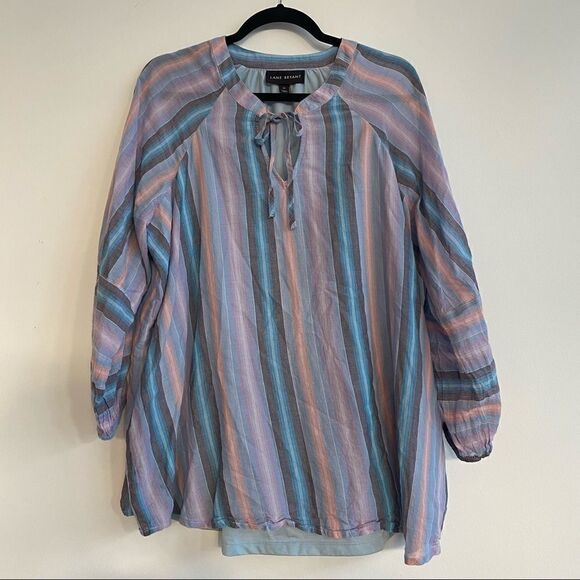 Lane Bryant Pastel Multi Striped Tie-neck Cotton Peasant Blouse Size 14 - Picture 3 of 10